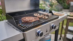 A steak and mushrooms cooking on a stainless steel gas BBQ, showing the blue flames and immediate heat for quick cooking.