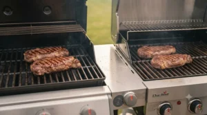 Seared steaks on a grill comparing Weber vs Char-Broil heat distribution.