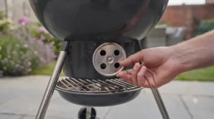 A hand adjusting the lower air vent on a charcoal BBQ, demonstrating the manual process of controlling heat levels.