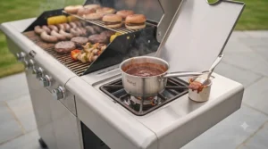 A close-up of the integrated stainless steel side burner in use, with a small branded saucepan simmering rich barbecue sauce, illustrating the convenience of preparing accompaniments outdoors.