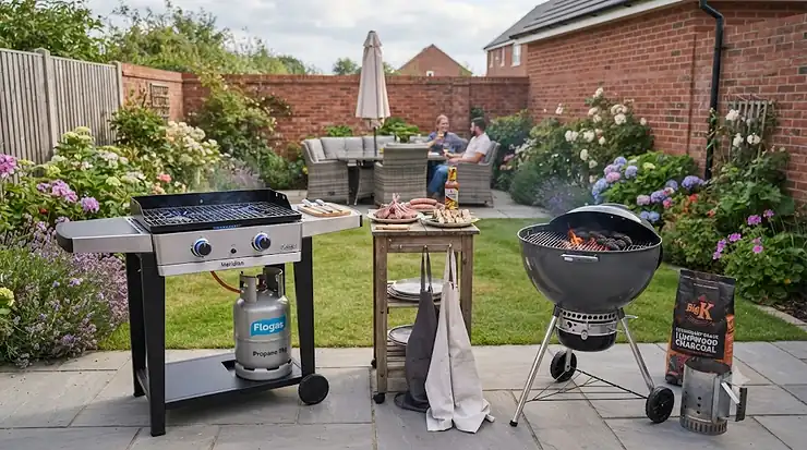 A side-by-side comparison of a modern gas BBQ and a traditional charcoal BBQ in a UK garden, illustrating different fuel types for outdoor cooking. gas vs charcoal bbq running costs