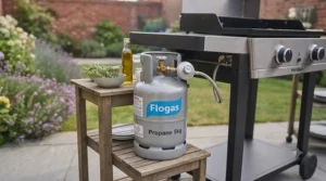 A 5kg propane gas bottle connected to a gas BBQ, sitting next to a wooden preparation table to represent fuel setup.