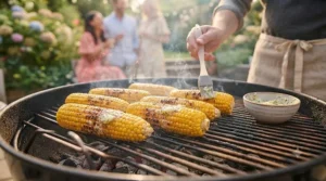 Sweetcorn cobs being lightly grilled on a barbecue with a butter glaze.
