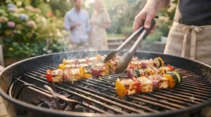 Colourful halloumi and vegetable skewers cooking on a summer barbecue.