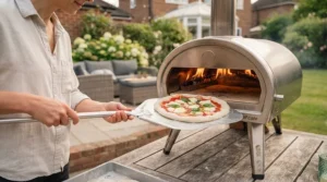 Kindling and small hardwood logs burning brightly inside the fuel tray of a portable wood-fired pizza oven to reach high cooking temperatures.