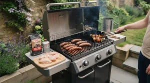 A versatile hybrid gas and charcoal BBQ perfect for maximising small garden cooking areas.