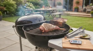 Large cut of meat slow-roasting using the indirect heat method on a covered barbecue.