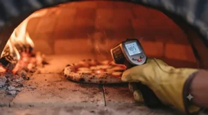 Using an infrared thermometer to check the high temperature of a baking stone inside a wood-fired oven.