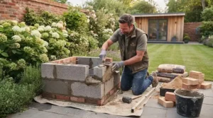 Builder laying the concrete block foundation for a built-in wood-fired pizza oven during a garden landscaping project.
