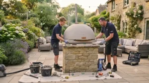 Professional installation of a stone wood-fired pizza oven in a suburban back garden in the UK.