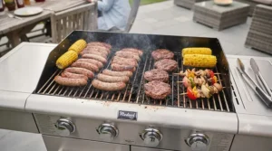 A detailed overhead view showing the expansive cooking surface of the stainless steel barbecue, heavily laden with a variety of food including many sausages, beef patties, skewers, and corn-on-the-cob, demonstrating its capacity for a large family.