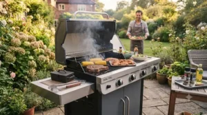 A modern dual fuel barbecue set up in a typical British garden, with a man carrying a platter of fresh food for a weekend BBQ feast.