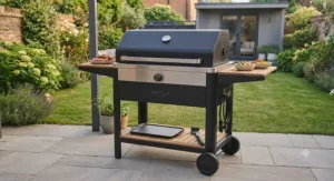 Sleek, modern design of a freestanding outdoor electric BBQ with side shelves.