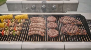 A direct overhead view of the main cooking grate, visually divided into distinct heat zones: one side with gentle-cooking vegetables, the middle with sizzling sausages, and the other with well-charred steaks, demonstrating precise multi-burner control.