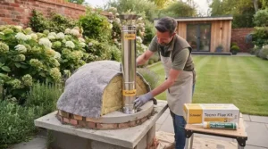 Contemporary garden kitchen featuring a built-in wood-fired pizza oven, concrete worktops, and a built-in barbecue unit.
