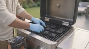 Evenly arranging quality charcoal briquettes on the coal grate for consistent heat distribution.