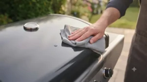 A person wiping down the sleek porcelain enamel finish of a barbecue grill.