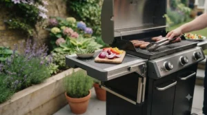 A portable charcoal grill, ideal for small garden spaces and weekend grilling.