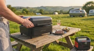 Portable outdoor electric BBQ being used at a caravan site or campsite.