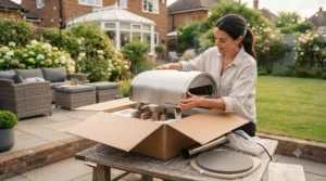 Unboxing a compact portable wood-fired pizza oven on a wooden garden table, showing the main stainless steel body and detachable chimney.