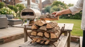 A compact portable wood-fired pizza oven packed away inside its protective weather-resistant carry bag, ready for a camping trip.