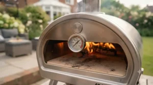 Close-up of the built-in temperature gauge on a portable wood-fired pizza oven indicating optimal baking heat for homemade pizza.