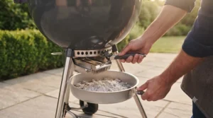 An integrated ash catcher system showing how to empty charcoal waste effortlessly.