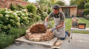 Close-up of refractory bricks and ceramic fibre insulation being fitted inside the dome of a custom built-in wood-fired pizza oven.