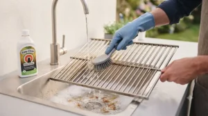Close-up of stainless steel grill grates being removed for easy hand washing.