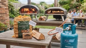 A breakdown of wood versus gas fuel options for outdoor pizza ovens in a British garden setting.