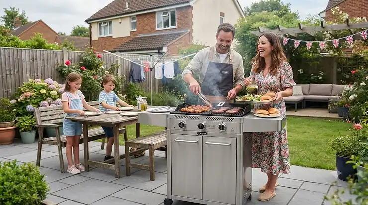 Stainless steel rust-resistant BBQ set up for an outdoor summer garden party in the UK. rust resistant bbq
