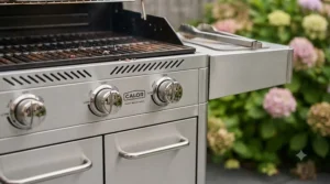 Close-up of high-quality stainless steel finish on a durable, rust-resistant barbecue.