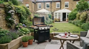 Diagram illustrating safe distance guidelines for a BBQ in a small garden setting.