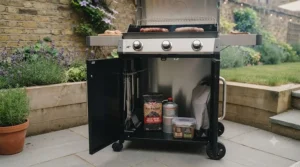 A compact BBQ with integrated storage cupboards designed for tidy small garden living.