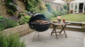 A visual layout plan showing how to position a BBQ in a compact urban garden.