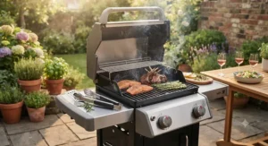 A space-saving gas barbecue set up on a small patio, perfect for UK urban living and priced under £200.