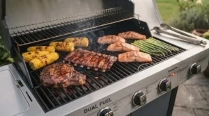 Wide shot showing the large cooking surface area of a dual fuel barbecue, filled with steaks, ribs, salmon, and corn on the cob.