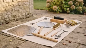Stainless steel pizza peel and long-handled turning paddle resting next to a garden pizza oven.