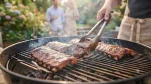 Close-up of sticky mustard and brown-sugar-glazed pork ribs on a barbecue.