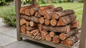 Stack of seasoned kiln-dried hardwood logs stored neatly next to an outdoor pizza oven setup.