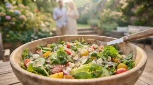 A fresh garden salad with seasonal vegetables, perfect as a barbecue side dish.