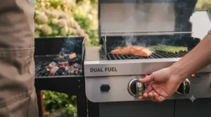 A person demonstrating the quick transition from gas to charcoal cooking on a versatile hybrid barbecue in a garden setting.