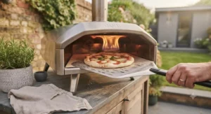 Using a perforated aluminium peel to rotate a pizza inside a hot outdoor gas pizza oven.