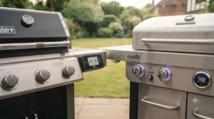 Digital temperature display comparison for Weber vs Char-Broil smart grill models.
