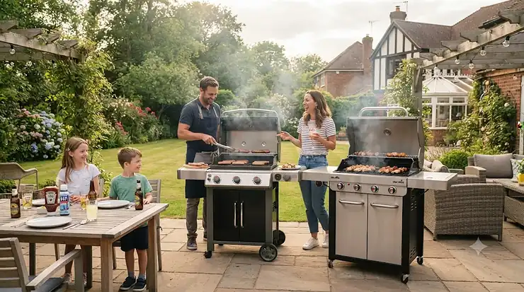 A side-by-side comparison of a Weber and Char-Broil gas barbecue on a British patio. weber vs char broil
