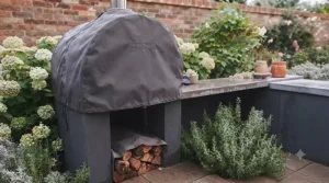 Weatherproof canvas cover protecting a built-in wood-fired pizza oven during the British winter months.