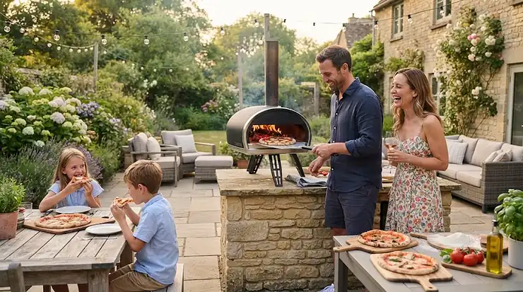 A stylish wood-fired pizza oven installed on a modern British patio, glowing with a live fire ready for outdoor cooking. wood-fired pizza oven