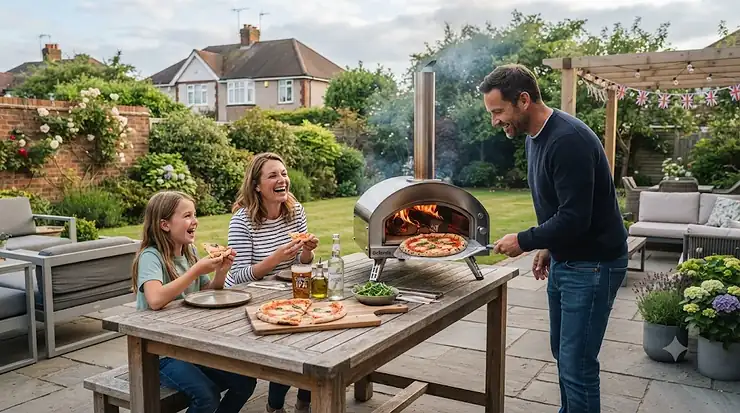 A portable wood-fired pizza oven glowing brightly on a British patio table, ready for garden cooking. wood-fired pizza ovens under £300