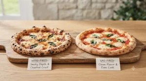 Close-up of a freshly baked artisan pizza showing the characteristic charred crust from a wood-fired oven.