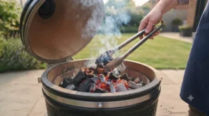 Adding fruitwood chunks over glowing lumpwood charcoal to create aromatic smoke for meats.